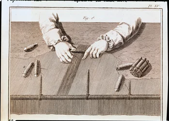 Técnica Basse-Lisse en la manufactura de tapices de Gobelins, ilustración de la Enciclopedia de Denis Diderot (1713-84) 1751-72
